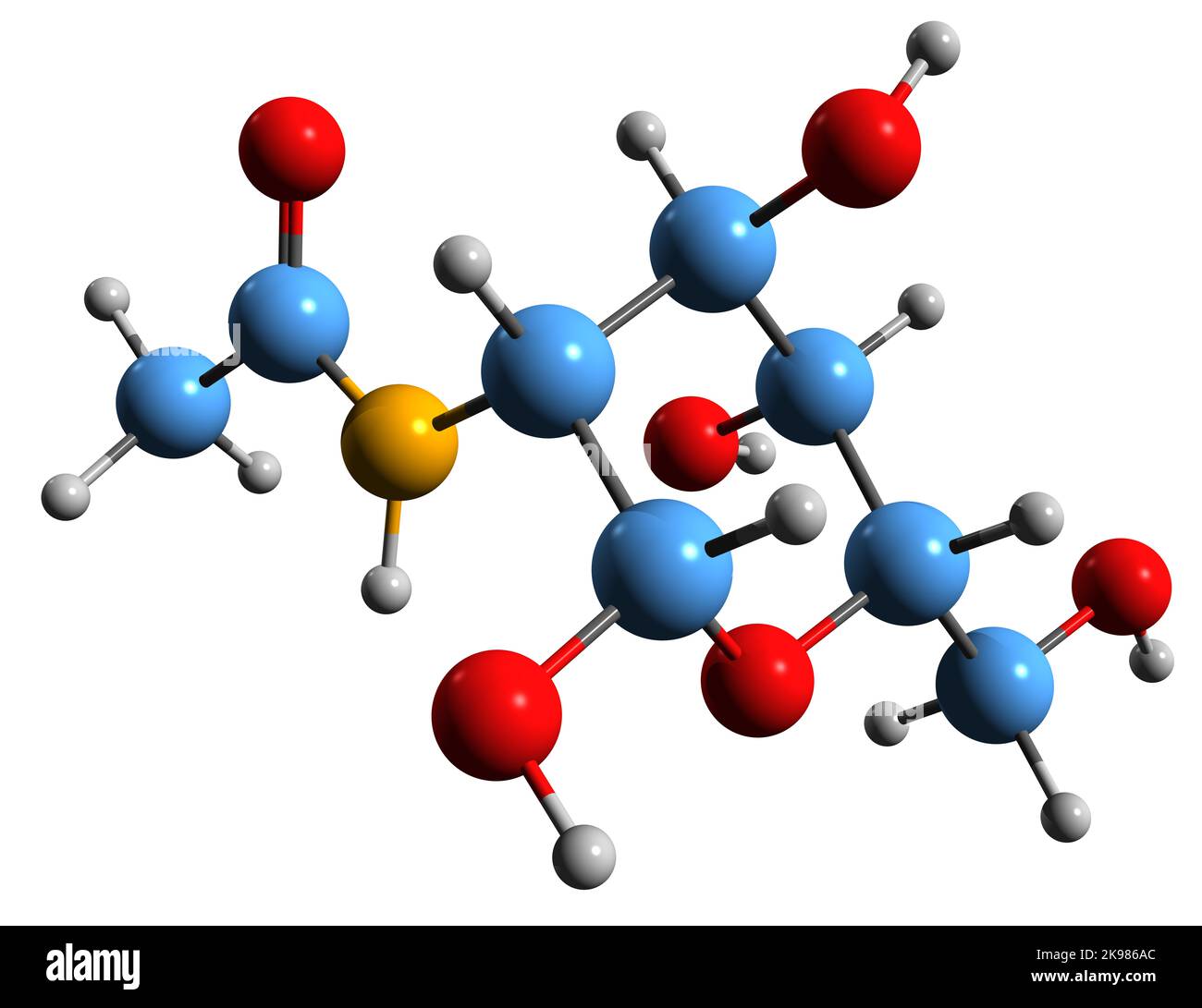3D immagine della formula scheletrica di N-acetilglucosammina - struttura chimica molecolare del derivato del glucosio monosaccaride isolato su backgro bianco Foto Stock