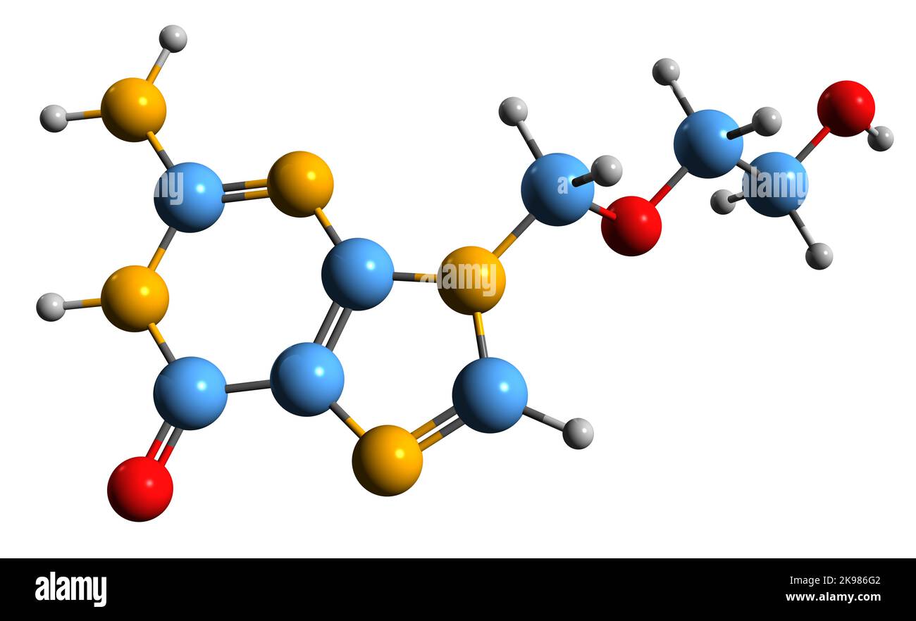 3D immagine di Aciclovir formula scheletrica - struttura chimica molecolare del farmaco antivirale isolato su sfondo bianco Foto Stock