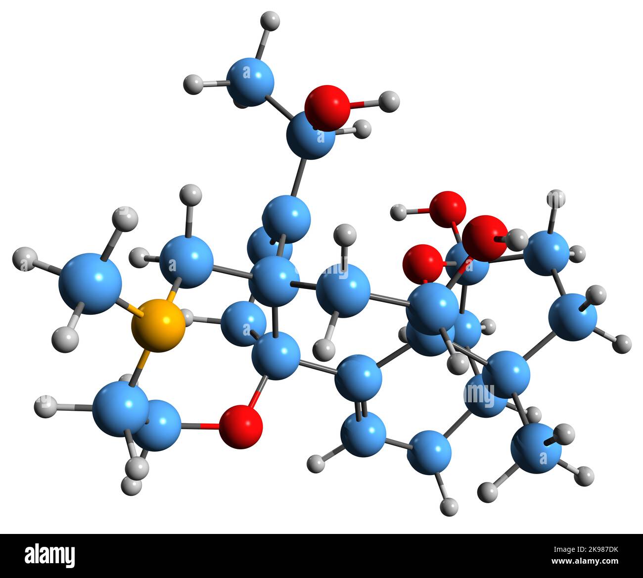 3D immagine di Batrachotossina Una formula scheletrica - struttura chimica molecolare di alcaloide steroideo neurotossico isolato su sfondo bianco Foto Stock