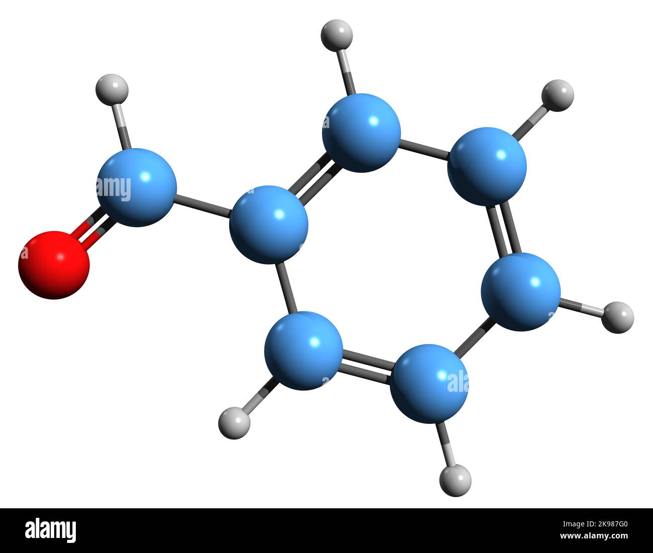 3D immagine della formula scheletrica della benzaldeide - struttura chimica molecolare della benzencarbossaldeide isolata su sfondo bianco Foto Stock