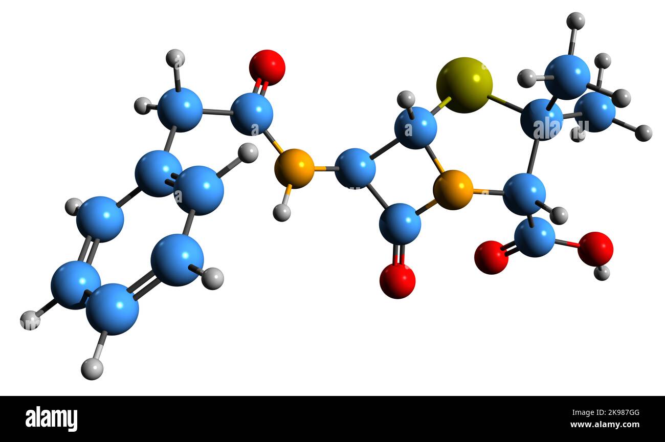 3D immagine della formula scheletrica di benzilpenicillina - struttura chimica molecolare della penicillina G isolata su sfondo bianco Foto Stock