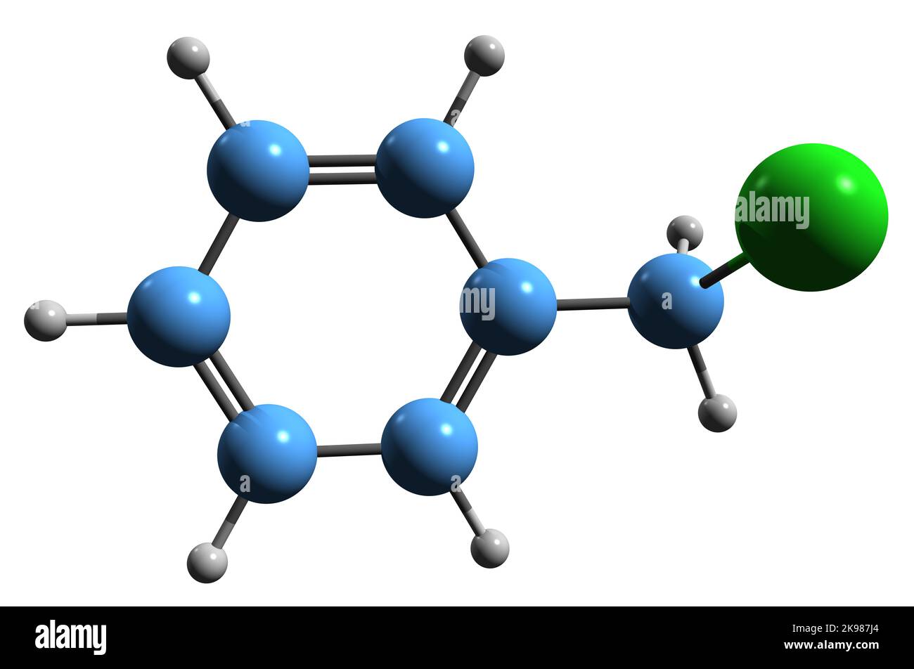 3D immagine della formula scheletrica del cloruro di benzile - struttura chimica molecolare del clorofenilmetano isolato su sfondo bianco Foto Stock
