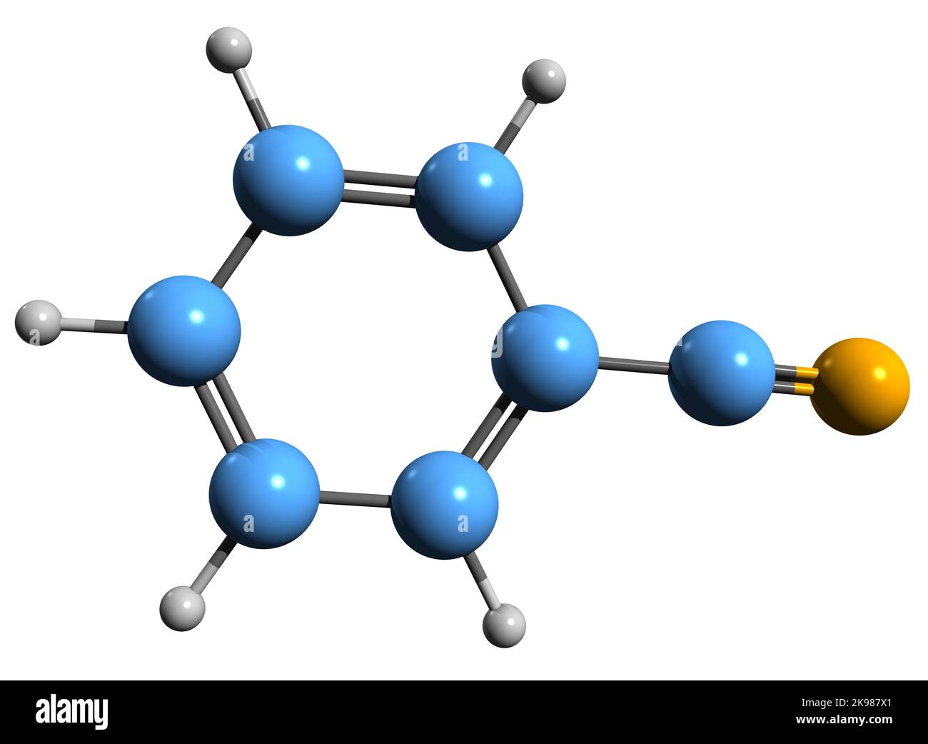 3D immagine del benzonitrile formula scheletrica - struttura chimica molecolare del cianobenzene isolato su sfondo bianco Foto Stock