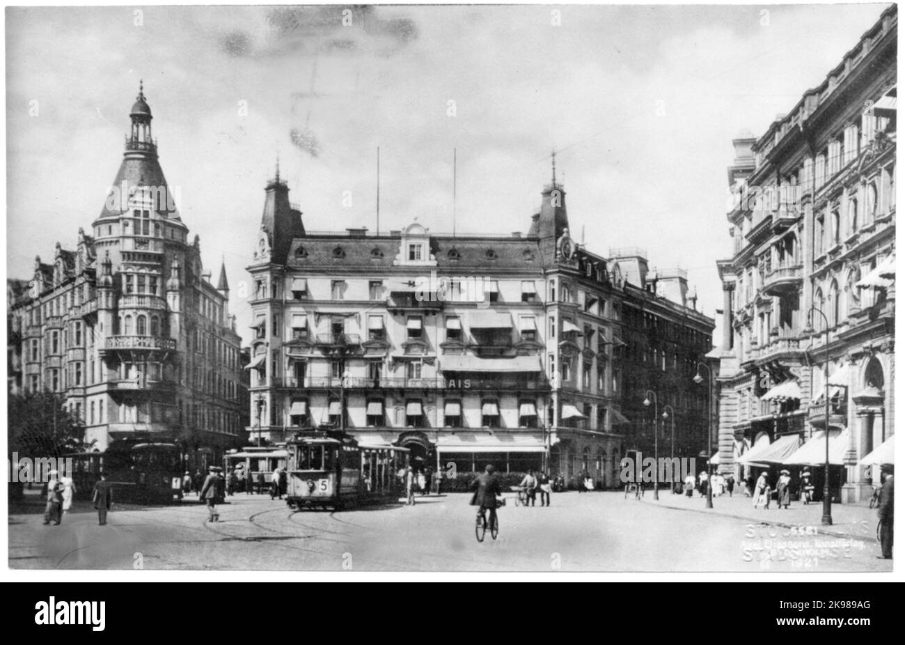 Hotel Anglais e tram a Stoccolma. Foto Stock