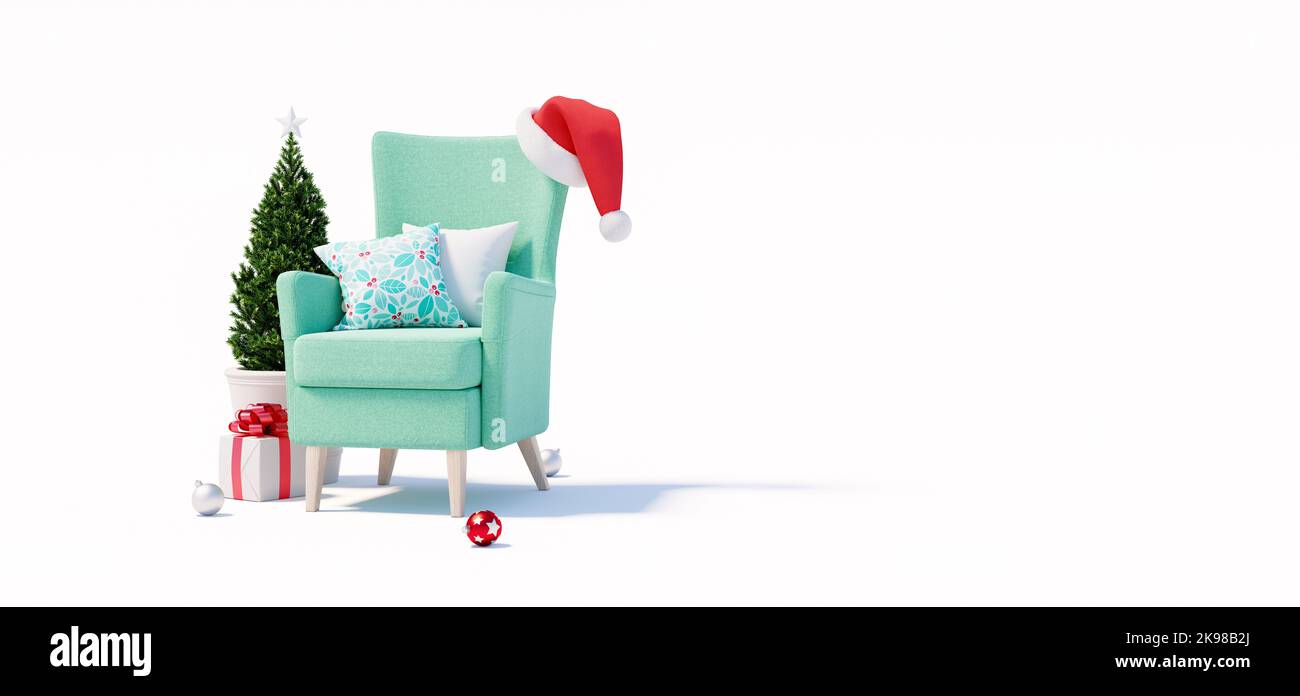 Poltrona verde con cappello di Santa, albero di Natale e scatola regalo isolato su sfondo bianco 3D rendere 3D illustrazione Foto Stock
