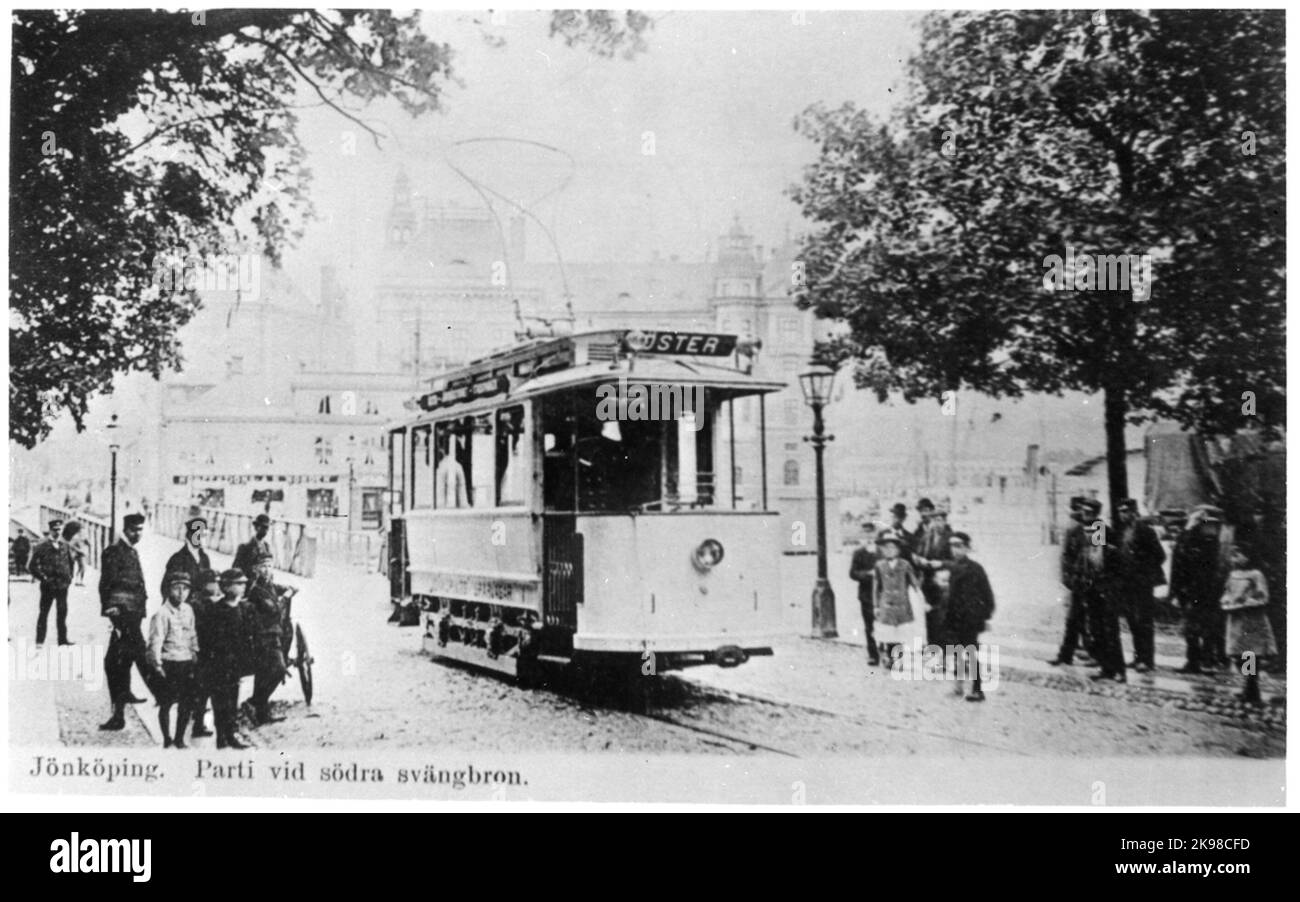 Tram di Jönköping, JS tram 1 a Södra Svängbron, Jönköping. Foto Stock