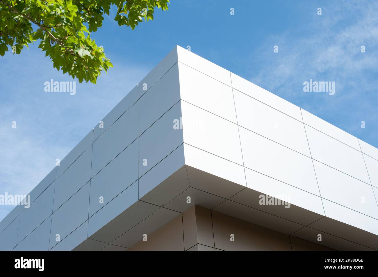 Le pareti esterne di un edificio di stile commerciale contemporaneo con pannelli compositi in metallo alluminio e finestre di vetro. E' un edificio futuristico. Foto Stock