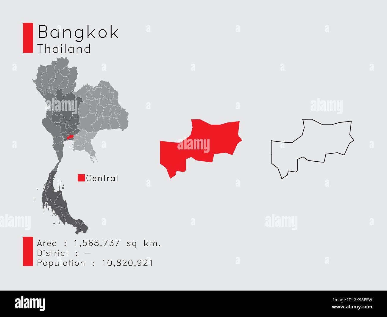Una serie di elementi infografici per la posizione della Provincia Bangkok in Thailandia. E popolazione e profilo del Distretto Area. Vettore con sfondo grigio. Illustrazione Vettoriale