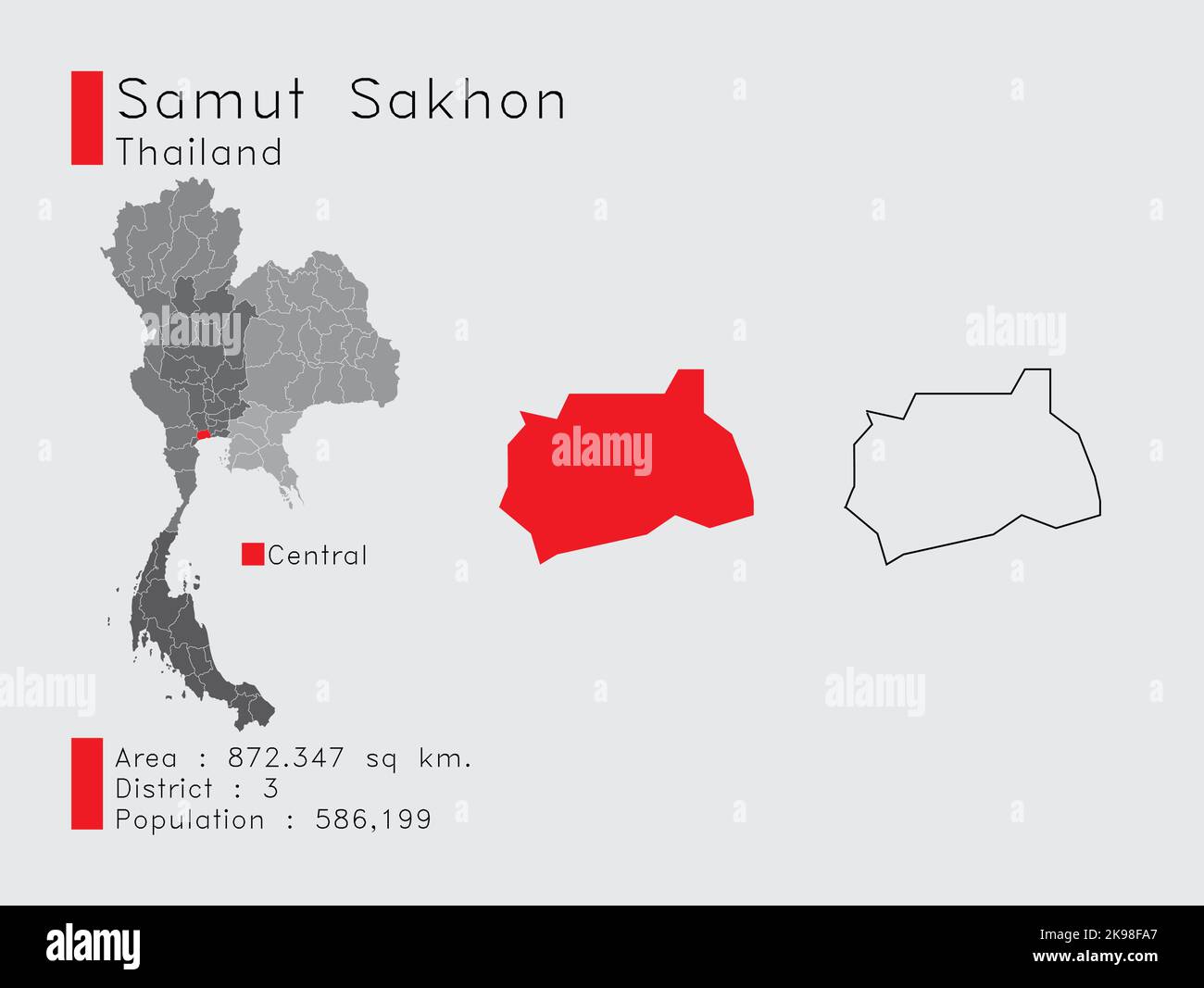 Una serie di elementi infografici per la posizione della Provincia Samut Sakhon in Thailandia. E la popolazione e il profilo del Distretto Area. Vettore con Backgroun grigio Illustrazione Vettoriale