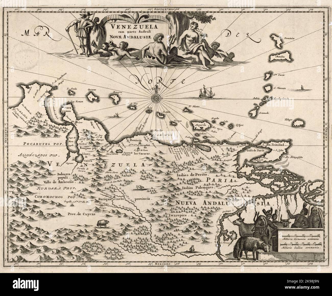 Mappa vintage del 17th ° secolo di ciò che è ora Venezuela con la parte meridionale della Nuova Andalusia Foto Stock