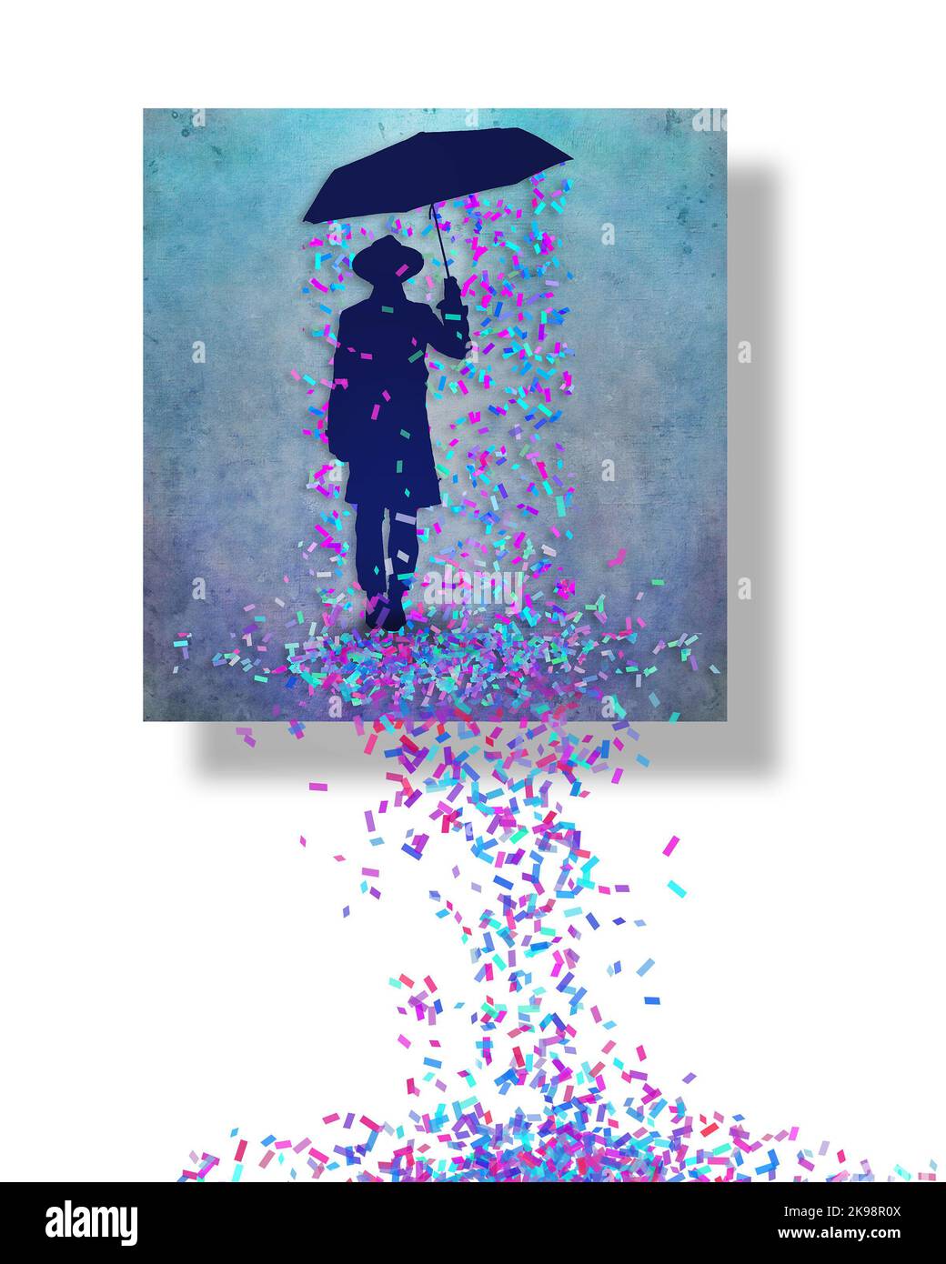Un uomo con un ombrello ha una celebrazione privata ed è ben contento di se stesso mentre i coriandoli cadono sotto l'ombrello e si raccolgono in fondo alla t Foto Stock