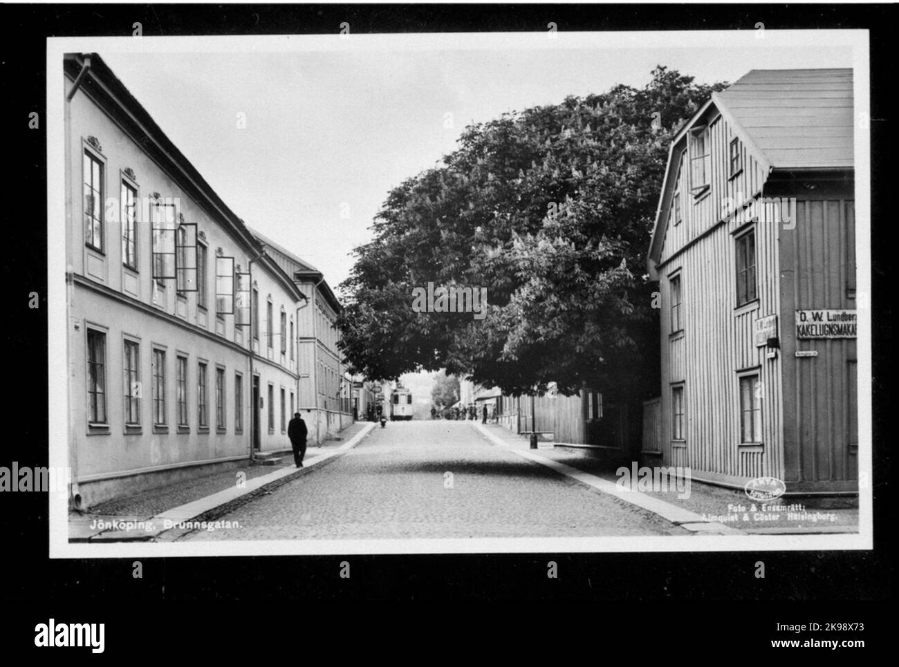 Vista su Brunnsgatan a Jönköping con un castagneto sospeso dall'altra parte della strada. Foto Stock
