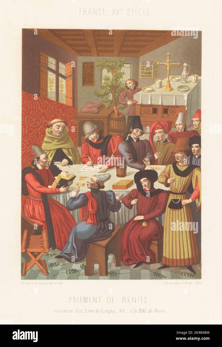 Borghese francese pagare le tasse sul reddito, 15th ° secolo. I magistrati  raccolgono denaro contante da un uomo borghese e registrano il pagamento in  un registro. Paiment de Rentes, Francia, XVe siecle.