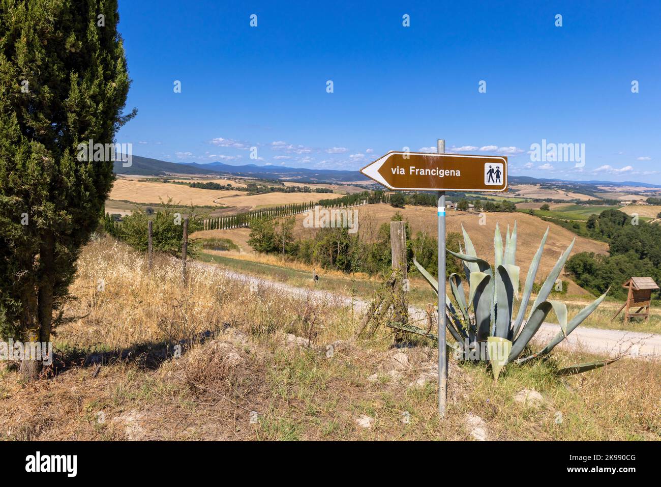 Paesaggio lungo la via Francigena con strada del fango, campi, alberi e vigneti. Cartello che indica la direzione di Monteroni d'Arbia, percorso della via francigen Foto Stock