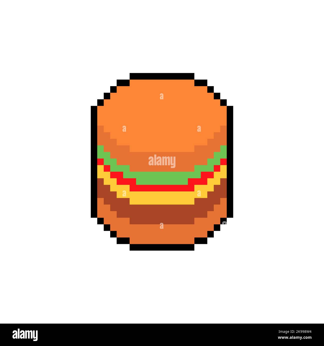 Hamburger pixel art. Hamburger 8 bit icona. Simbolo fast food semplificato pixelato Illustrazione Vettoriale