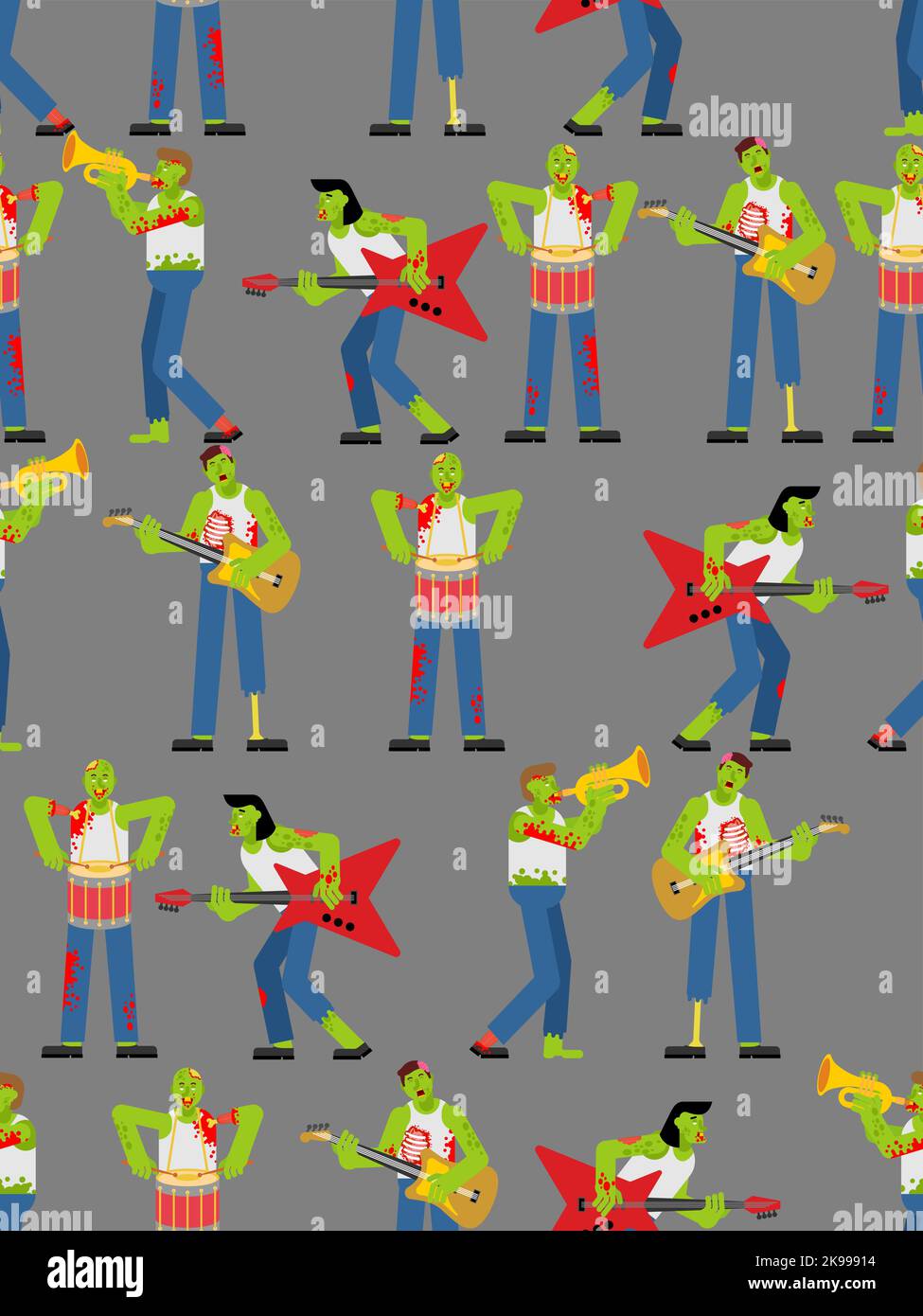 Zombie rock band pattern senza cuciture. Zombie e chitarra. Camminare morti e tamburo. zombi e tromba Illustrazione Vettoriale