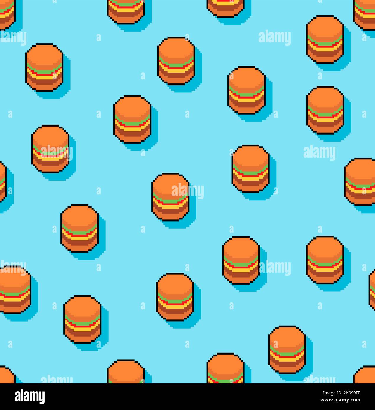 Pattern artistico Burger pixel senza cuciture. Hamburger sfondo a 8 bit. Simbolo fast food semplificato, struttura pixelata Illustrazione Vettoriale