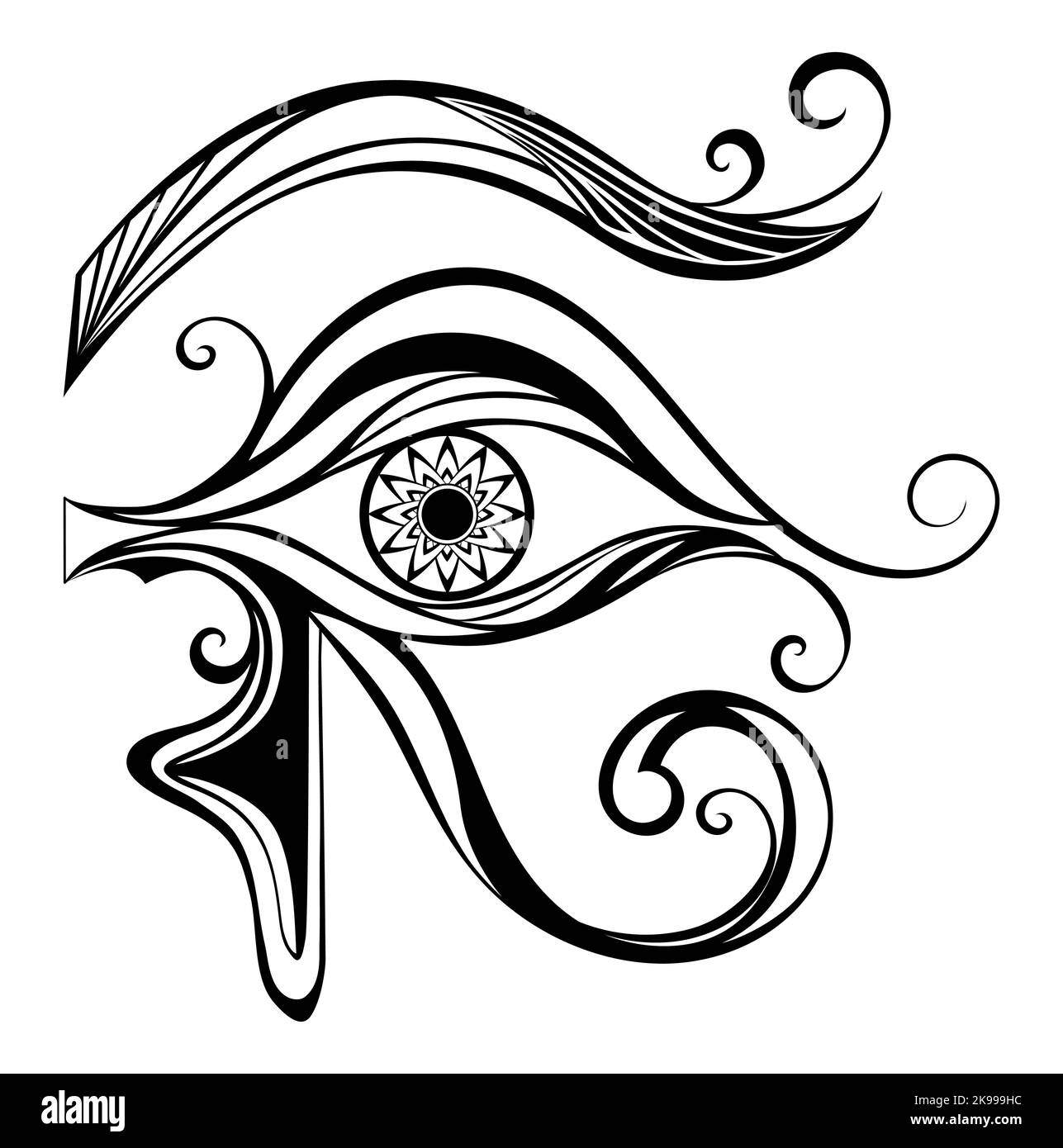 Nero, contorno, simbolo egiziano dell'occhio di Horus su sfondo bianco. Simbolo egiziano. Illustrazione Vettoriale