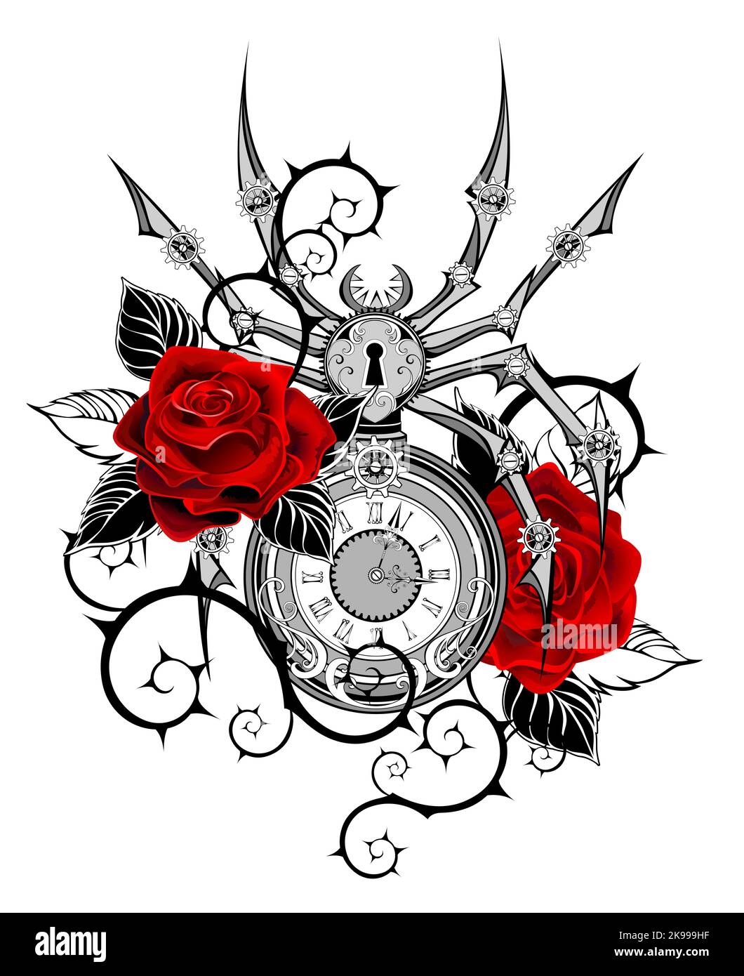 Antico ragno meccanico, sagomato, grigio, con quadrante, decorato con rose rosse dipinte artisticamente con foglie nere e steli spiky sul dorso bianco Illustrazione Vettoriale