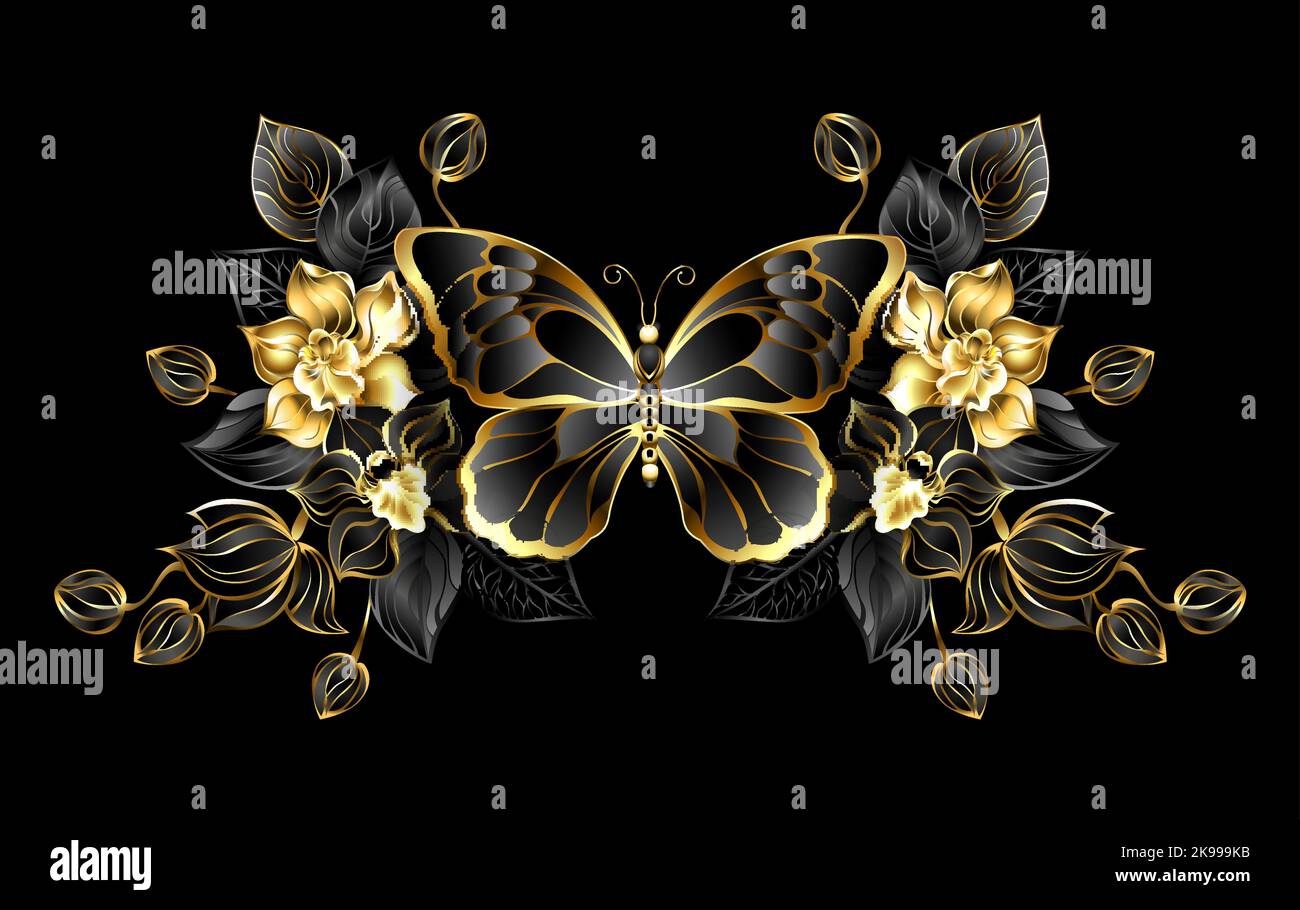 Farfalla gioielli con ali nere, decorata con orchidee nere e dorate, su sfondo nero. Orchidea nera. Illustrazione Vettoriale