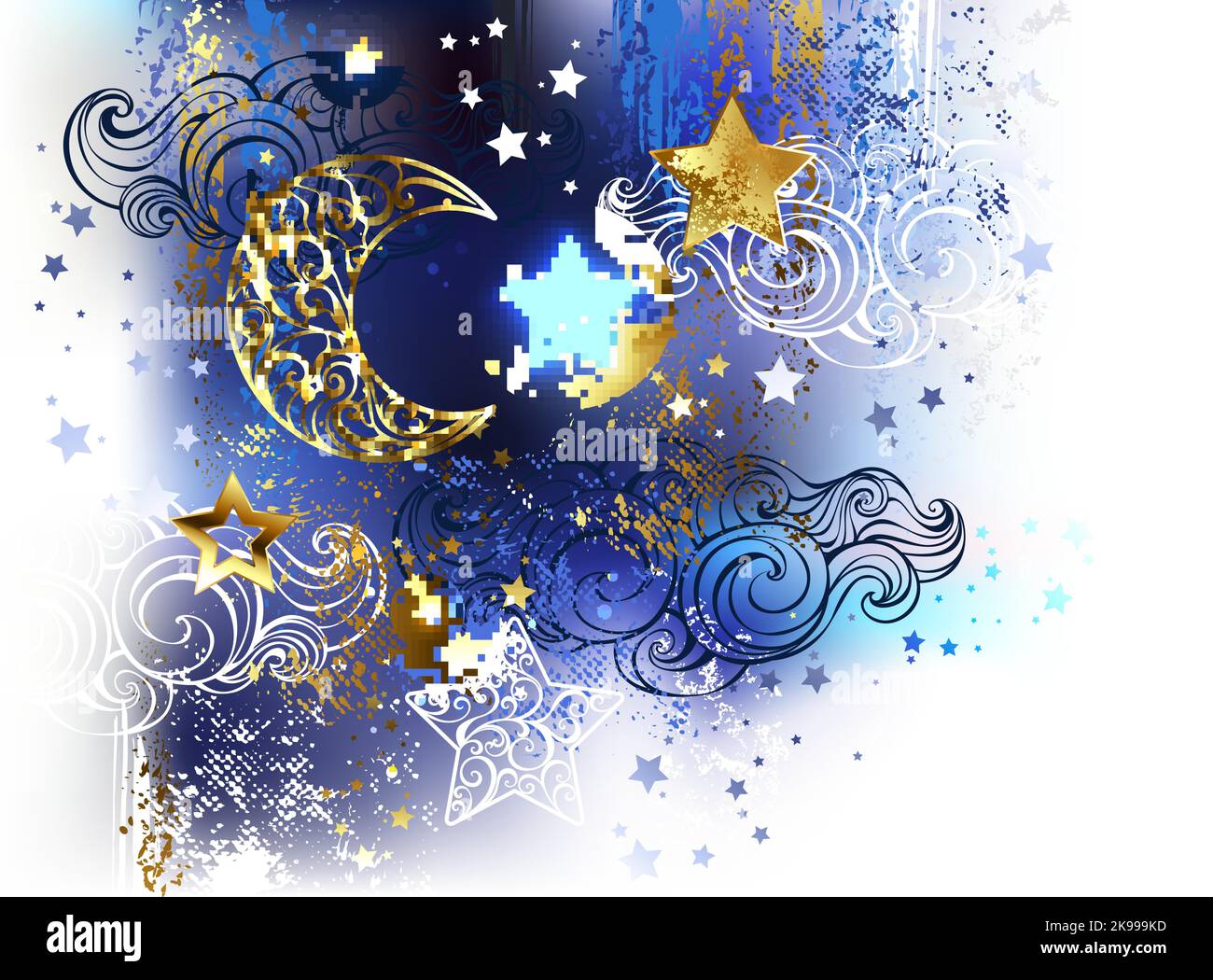 Oro, luna crescente a motivi geometrici con stelle dorate e bianche su sfondo bianco dipinte con vernice acrilica blu e nera. Luna d'oro. pai originale Illustrazione Vettoriale