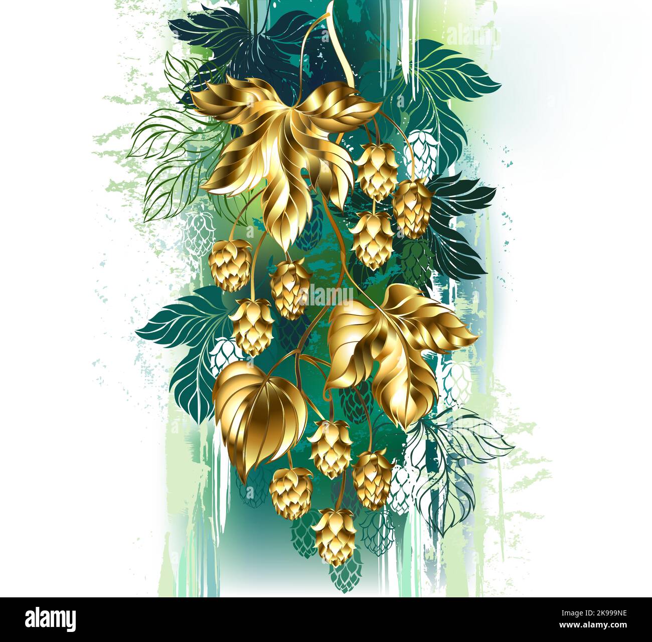 Disegnati artisticamente, gioielli, ramo flessibile di luppolo con cono di luppolo dorato e foglie di metallo su sfondo bianco dipinte con striature di dolore verde Illustrazione Vettoriale
