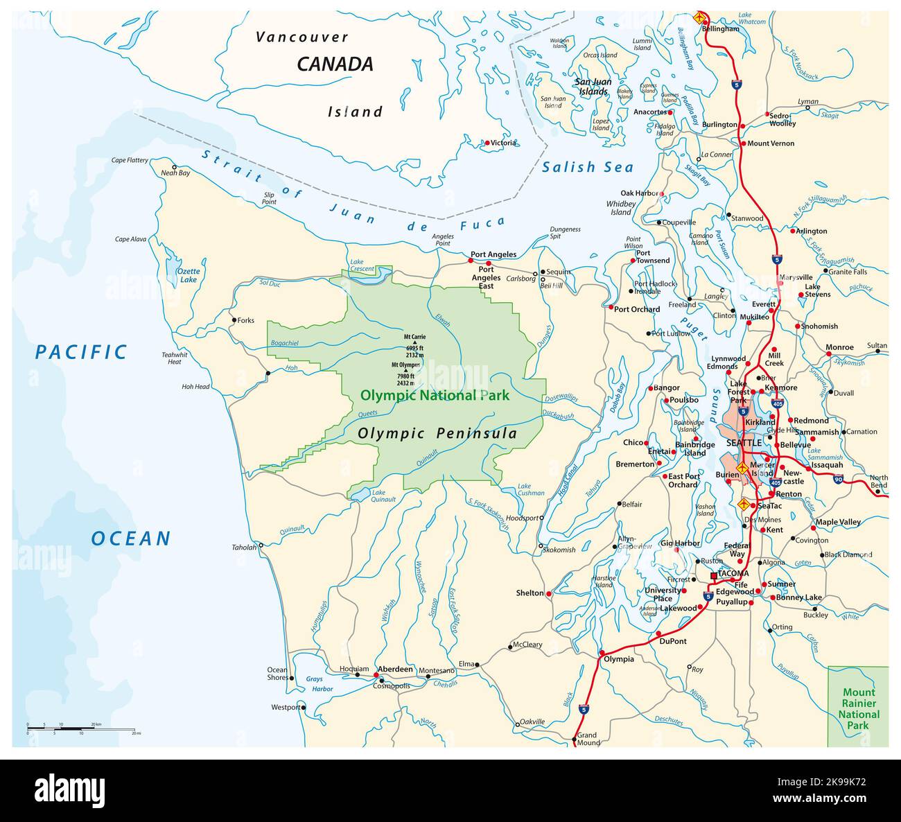 Mappa che circonda Olympic Peninsula e Greater Seattle, Washington, Stati Uniti Foto Stock
