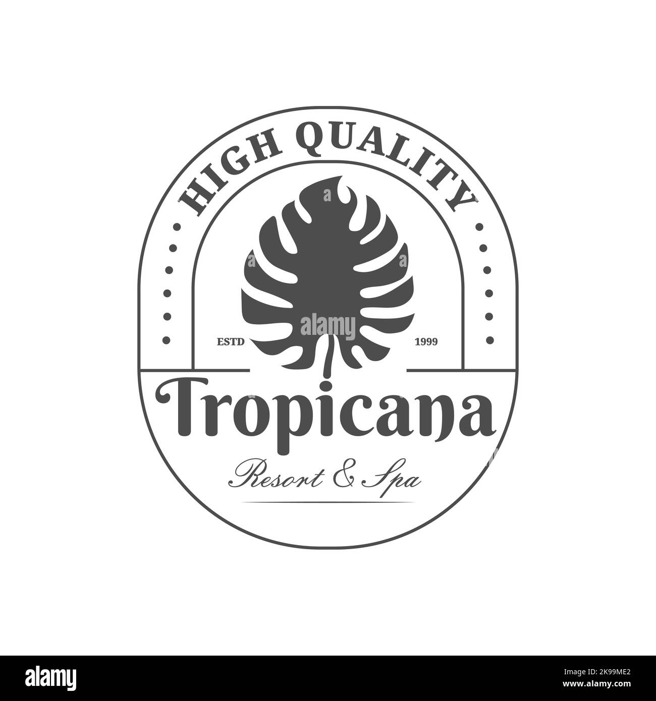 Design, marca e identità dell'emblema a foglia tropicale. Modello di logo aziendale per l'agricoltura. Design minimalista e moderno Illustrazione Vettoriale