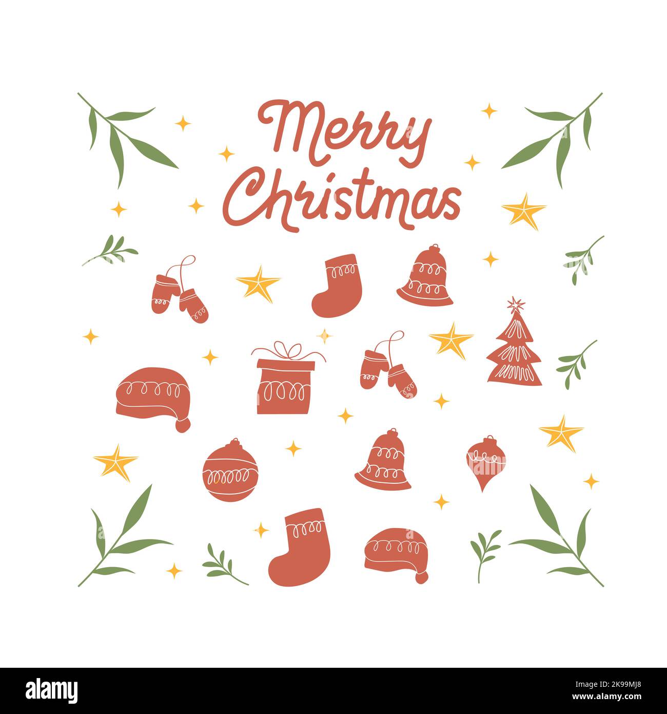 Etichette natalizie elementi decorativi, simboli, icone, cornici, ornamenti e nastri, visibile. Buon Natale e buone feste tipografia. Per banne Illustrazione Vettoriale