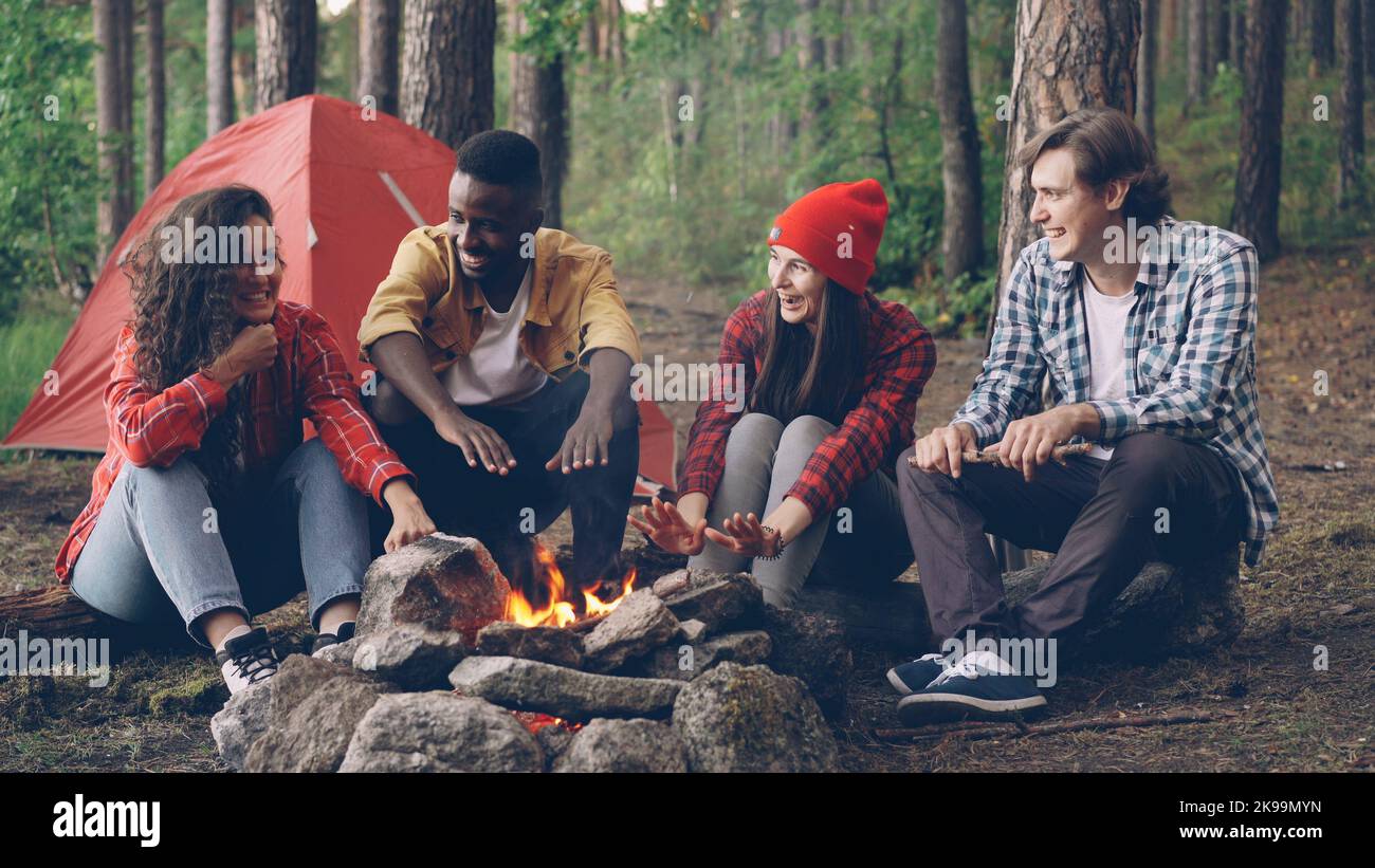 Giovani uomini e donne viaggiatori felici sono seduti intorno al fuoco, raccontare storie e ridere, bel ragazzo sta gettando legna in fiamme. Tenda e zaini sono visibili. Foto Stock