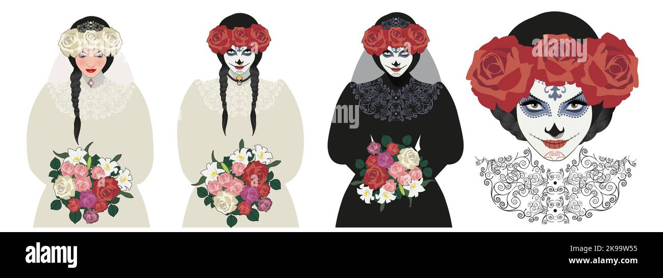 Tre versioni di una donna vestita con abiti antichi, chiara e scura, che porta fiori, velo e bouquet nuziale. Mexican Day of the Dead Makeup e st Illustrazione Vettoriale