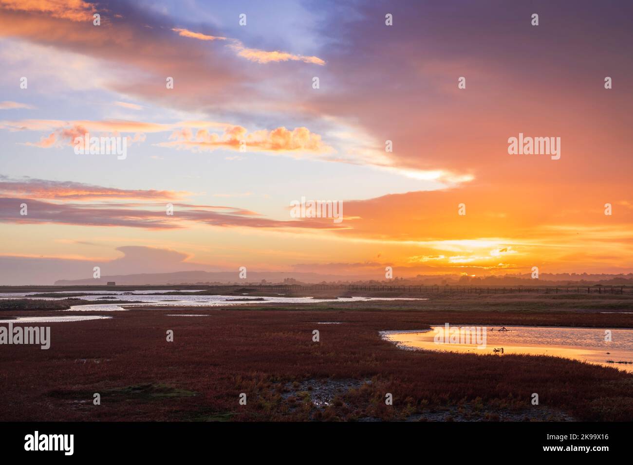 Moody tempesta colorato tramonto cieli sopra Rye Harbour riserva naturale sulla costa orientale del Sussex sud est Inghilterra Foto Stock