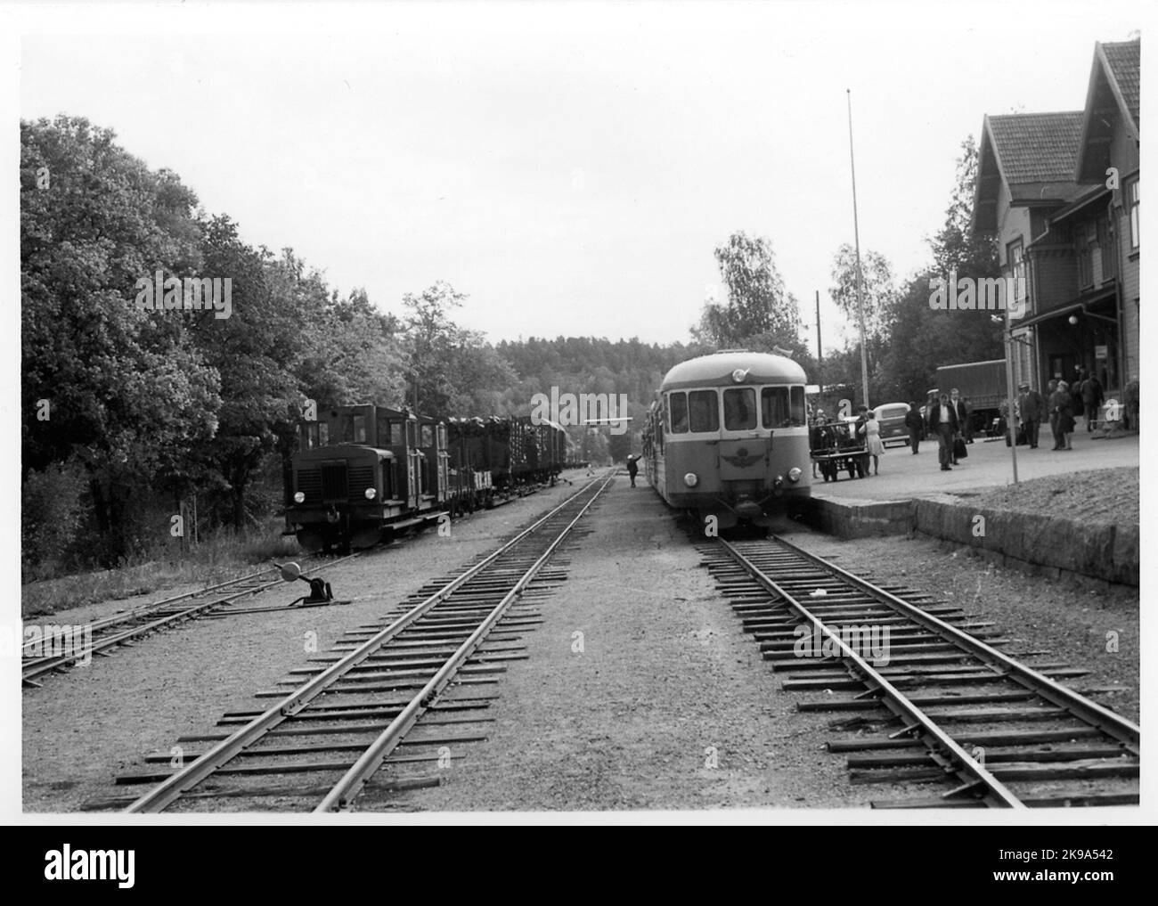 Ultimo autobus ferroviario e merci alla stazione di Valdemarsvik. Foto Stock