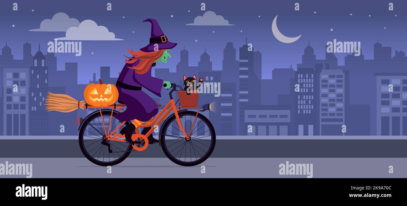 Spaventosa strega in bicicletta di notte nella strada della città: Porta con sé un gatto nero, una scopa e una zucca di Halloween Illustrazione Vettoriale