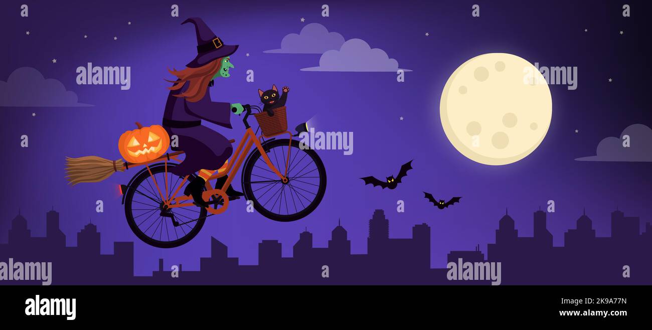 Strega spaventosa in bicicletta con il suo gatto nero e volare nel cielo, Halloween concetto Illustrazione Vettoriale