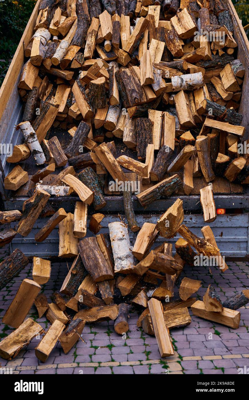 La legna da ardere viene sgombrata e il cassone del camion di scarico in Odessa Ucraina Foto Stock