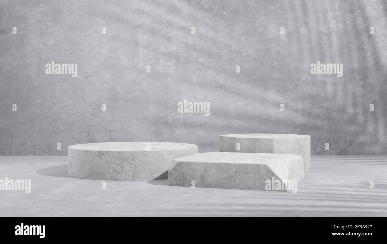 3d illustrazione di una disposizione a podio per la presentazione di un prodotto. Sfondo astratto grigio effetto concreto con ombra foglia. Foto Stock