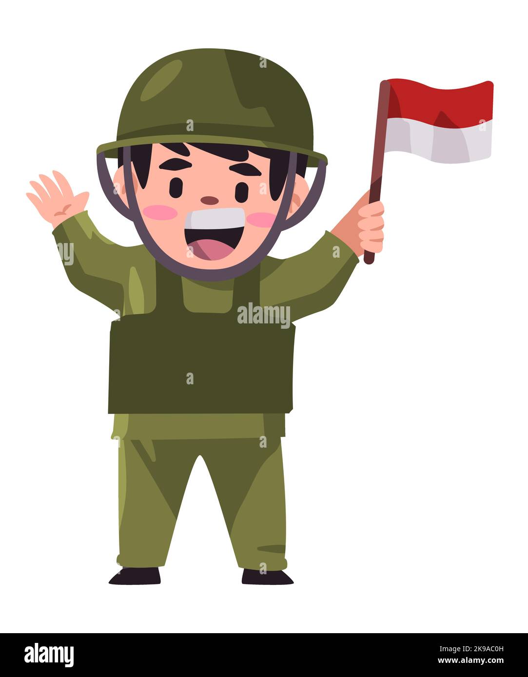 Bambini che detengono la bandiera indonesiana indossando un soldato militare con casco Illustrazione Vettoriale