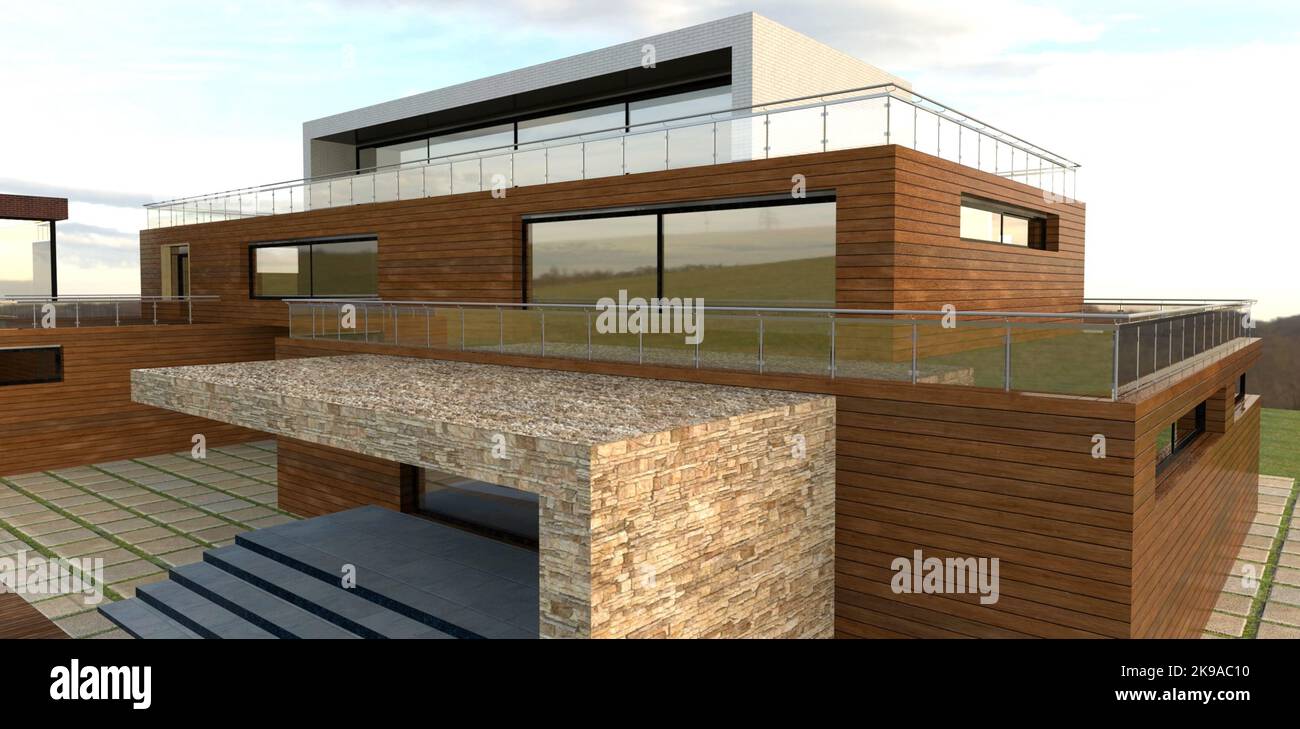 Casa di campagna avanzata con finiture in legno. Vista sull'ingresso anteriore e sulle spaziose terrazze con vetrate. rendering 3d. Foto Stock Casa di campagna avanzata con finiture in legno. Vista sull'ingresso anteriore e sulle spaziose terrazze con vetrate. rendering 3d. Foto Stock