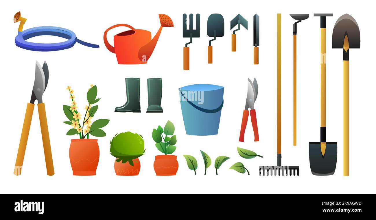 Set di attrezzi da giardino. Lavoro agricolo rurale. Pale rastrelli e zappe. Annaffiatoio per annaffiare per innaffiare. Vasi di fiori con piante da interno. Isolato Illustrazione Vettoriale