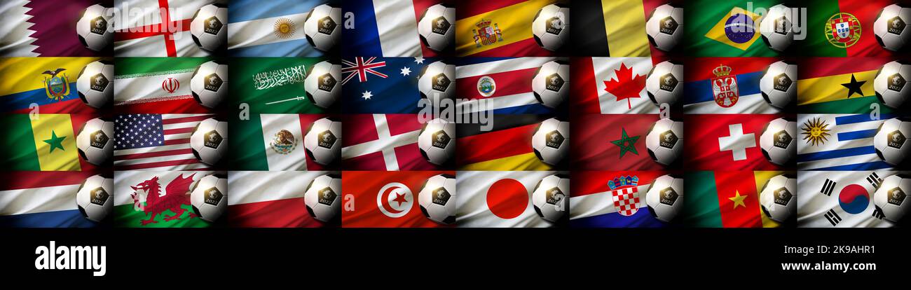 Raccolta di background di squadre qualificate per la Coppa del mondo di calcio 2022. Foto Stock