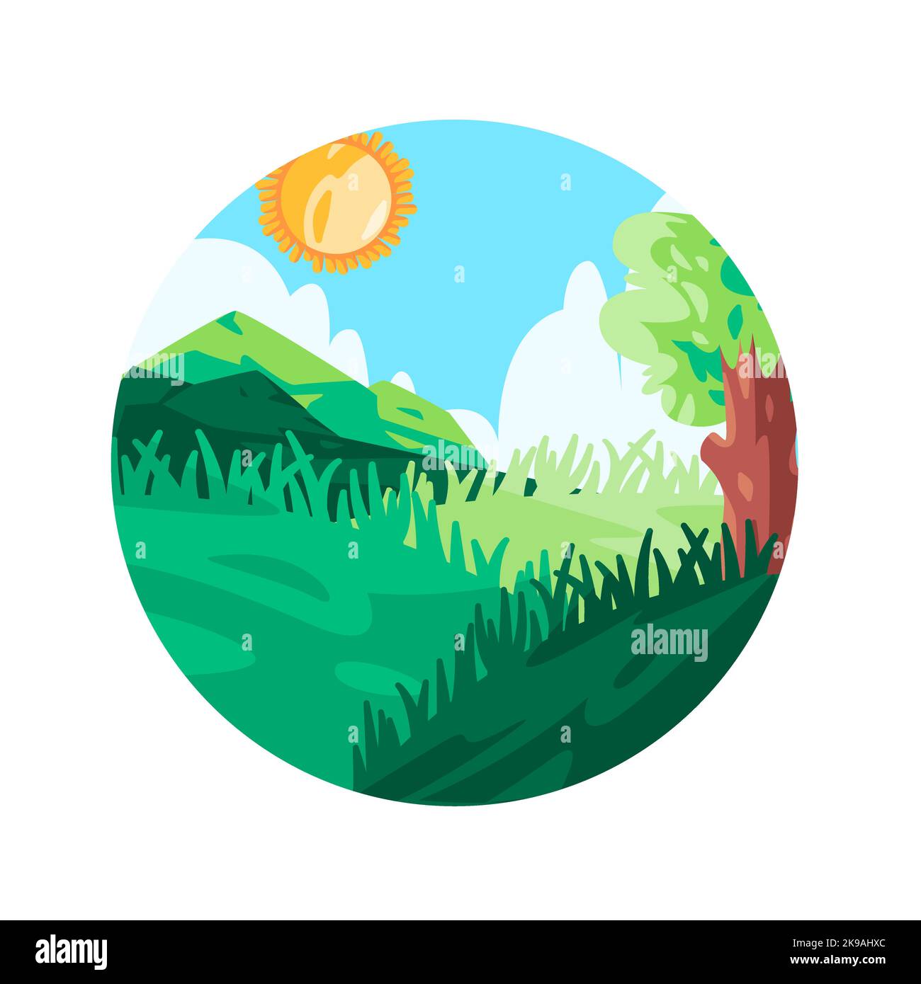 paesaggio illustrazione di montagna e verde foresta erba con sole luminoso cielo blu in forma circolare Illustrazione Vettoriale