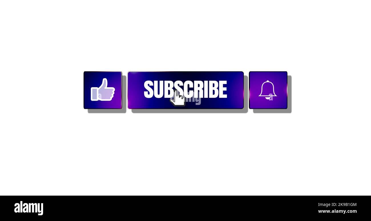 Clic del mouse come pulsante, pulsante di sottoscrizione e campana di notifica in blu e viola. Interfaccia dei social media. Illustrazione isolata su bianco b Foto Stock