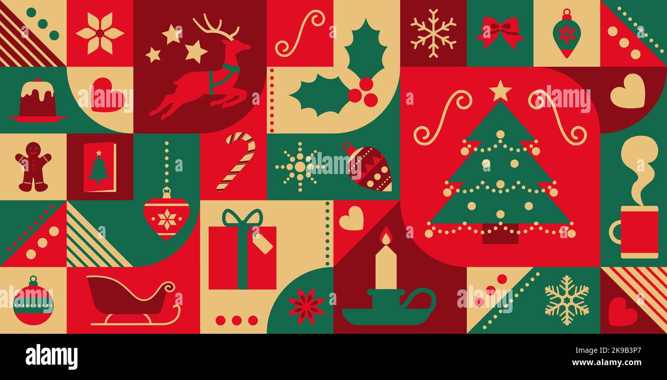 Sfondo natalizio con icone astratte festive, modello senza cuciture Illustrazione Vettoriale
