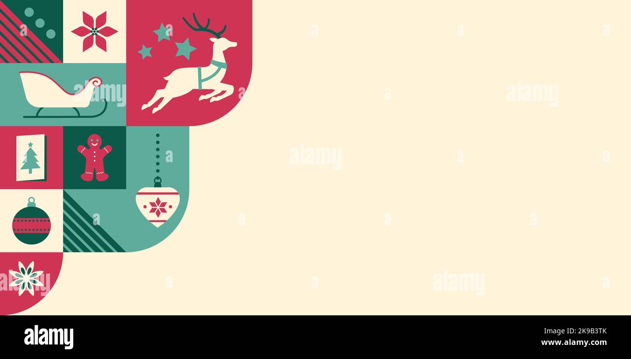 Banner di Natale astratto con icone festive geometriche e spazio di copia Illustrazione Vettoriale