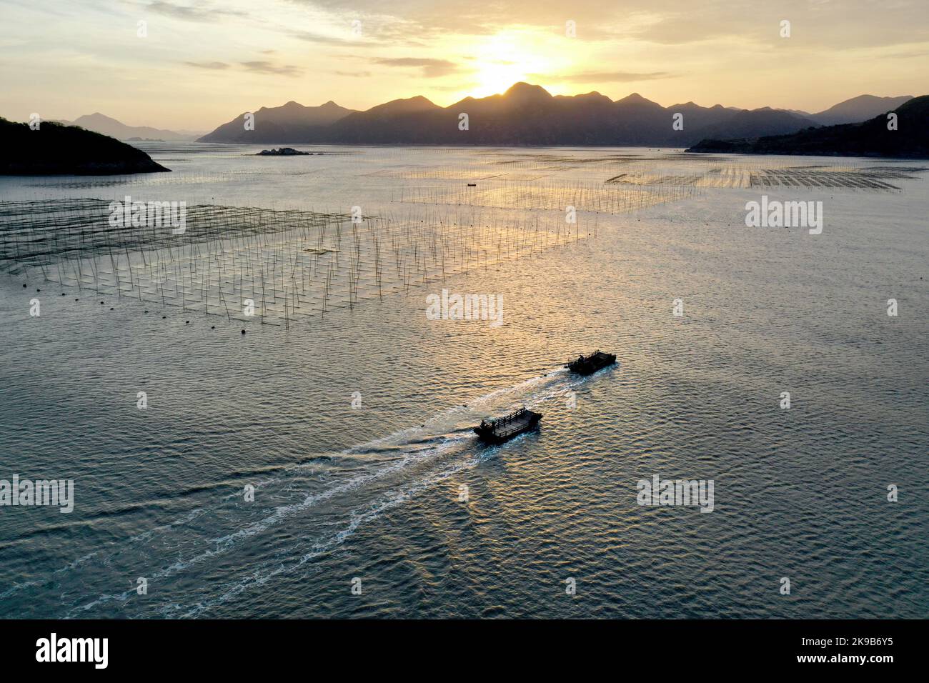 Xiapu. 25th Ott 2022. Questa foto aerea scattata il 25 ottobre 2022 mostra i pescatori che tornano a casa al tramonto nell'area dell'acquacoltura di Sansha Township, nella contea di Xiapu, nella provincia Fujian della Cina sudorientale. L'area marina della contea di Xiapu è entrata nella stagione di punta del raccolto autunnale. Le barche viaggiano attraverso la vasta area dell'acquacoltura, raccogliendo prodotti acquatici come conca e ostriche, dall'alba al tramonto. Credit: Notizie dal vivo su Jiang Kehong/Xinhua/Alamy Foto Stock Xiapu. 25th Ott 2022. Questa foto aerea scattata il 25 ottobre 2022 mostra i pescatori che tornano a casa al tramonto nell'area dell'acquacoltura di Sansha Township, nella contea di Xiapu, nella provincia Fujian della Cina sudorientale. L'area marina della contea di Xiapu è entrata nella stagione di punta del raccolto autunnale. Le barche viaggiano attraverso la vasta area dell'acquacoltura, raccogliendo prodotti acquatici come conca e ostriche, dall'alba al tramonto. Credit: Notizie dal vivo su Jiang Kehong/Xinhua/Alamy Foto Stock