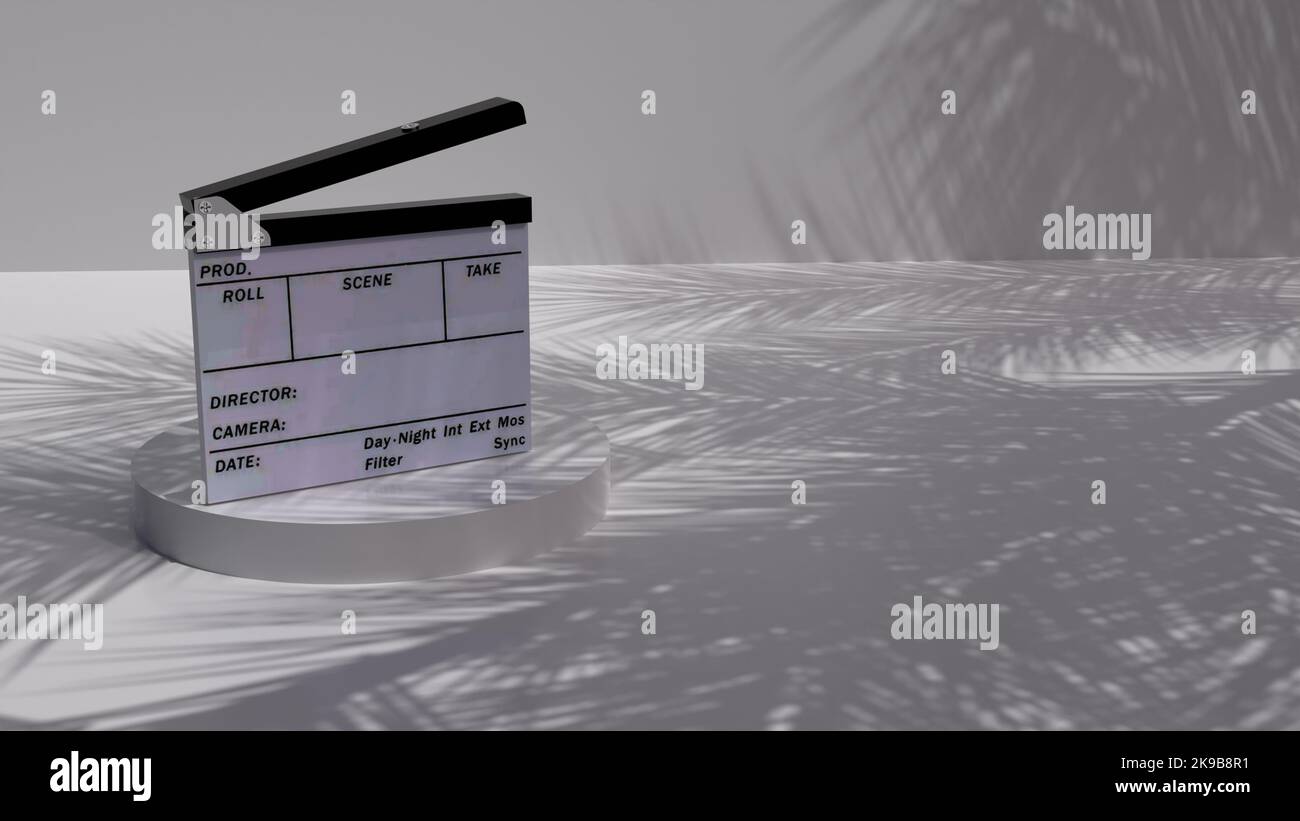 clapperboard bianco 3d rendering, clapperboard per la produzione e la regia di film, clapperboard per la promozione e la presentazione di film, clapperboard isolato Foto Stock