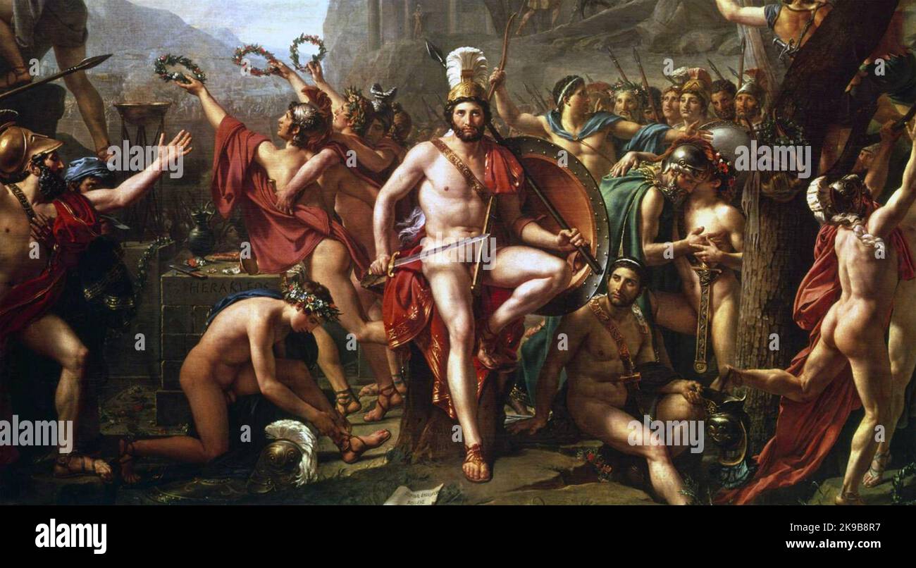 LEONIDA i con i suoi 300 spartani che detengono il passo a Thermopylae nel 480 a.C. Dipinto da Jacques-Louis David nel 1813, ora al Louvre Foto Stock