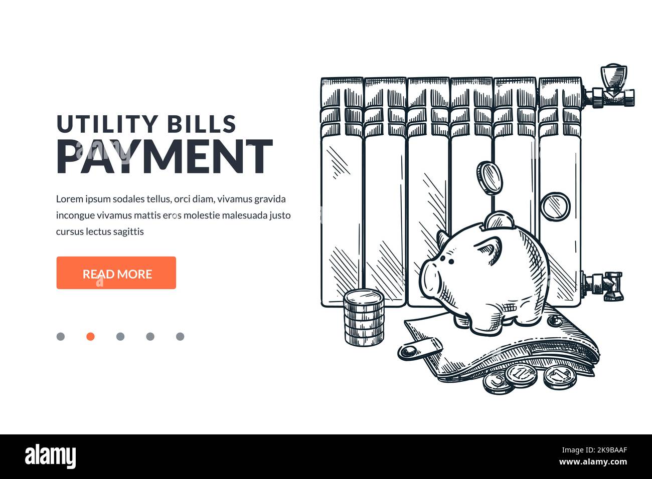 Pagamento delle bollette e risparmio di riscaldamento. Disegno vettoriale a mano raffigura radiatore di calore, piggy bank e portafoglio con denaro. Doodle des Illustrazione Vettoriale