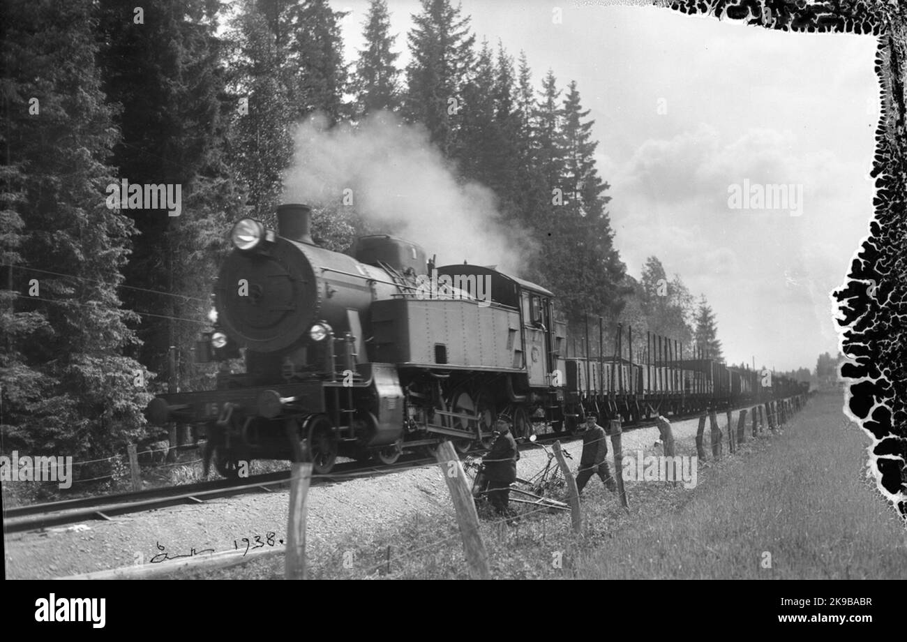 NBJ LOK 16 'CRASSIN', con treno merci. La locomotiva fu costruita da Nydqvist & Holm AB 1928 per Nora - Bergslags Railway. È ora museo su Nora Bergslags Veteran-Jernväg. La foto è probabilmente scattata a Årås. Foto Stock